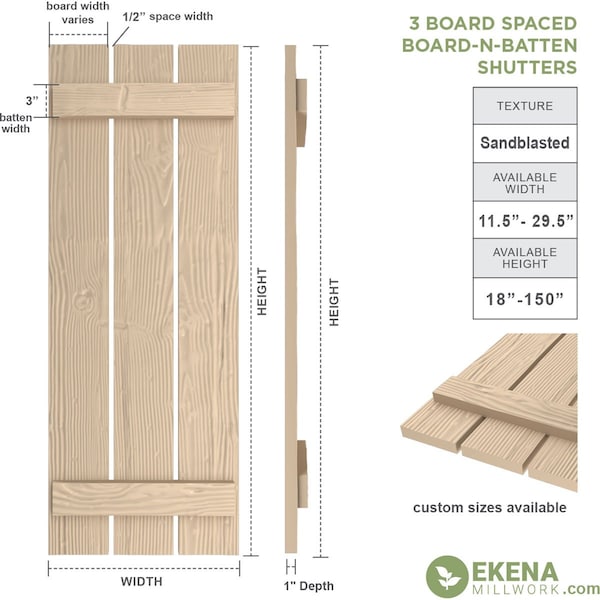 Rustic Three Board Spaced Board-n-Batten Sandblasted Faux Wood Shutters, 17 1/2W X 50H